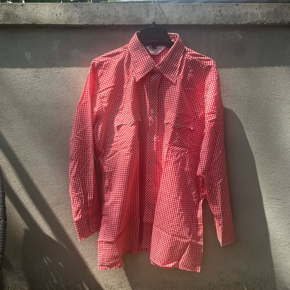 Vintage NOS Sears Red Gingham Snap Button-Up Western Shirt Size 17 to 171/2